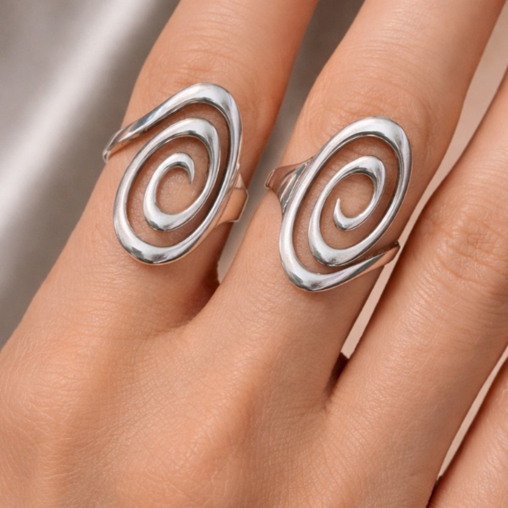 New Set 2 Spiral Energy Protection Ring Silver Sz 7,8 Spiritual Chakra Balance